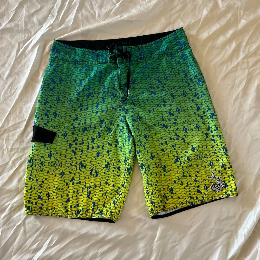 Pelagic Performance Fishing Board Shorts Green/Yellow (Size 34)